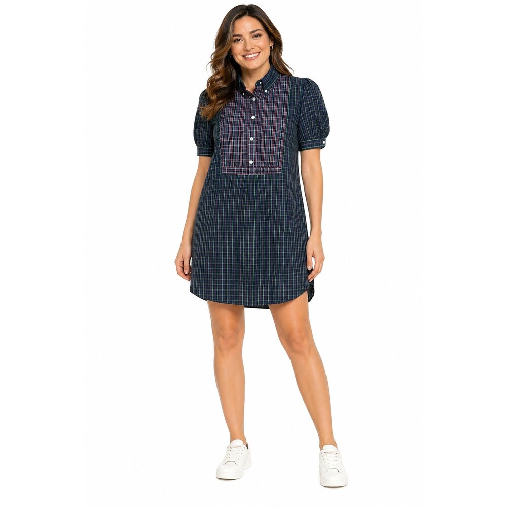 Ralph Lauren Plaid Shirt Dress Size 10 Blue Green Puff Sleeve Cotton